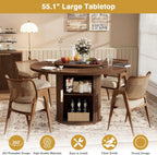 55" Round Dining Room Table with Lazy Susan, Mid-Century Modern Kitchen Table, Pedestal Storage with Wavy Sliding Doors, Seats 6, Stable Rounded Base, Easy-Clean Finish (Walnut)