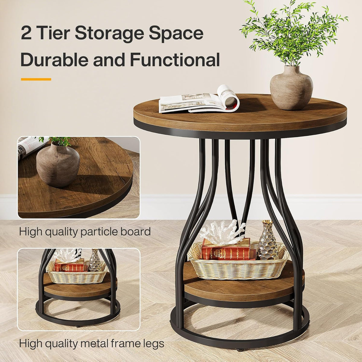 Tribesigns Round Side End Table 2-Tier End Tables Modern Bedside Table Small Chirside Tables with Storage for Couch Side, Nightstand with Metal Frame for Living Room (1, Brown+Black)