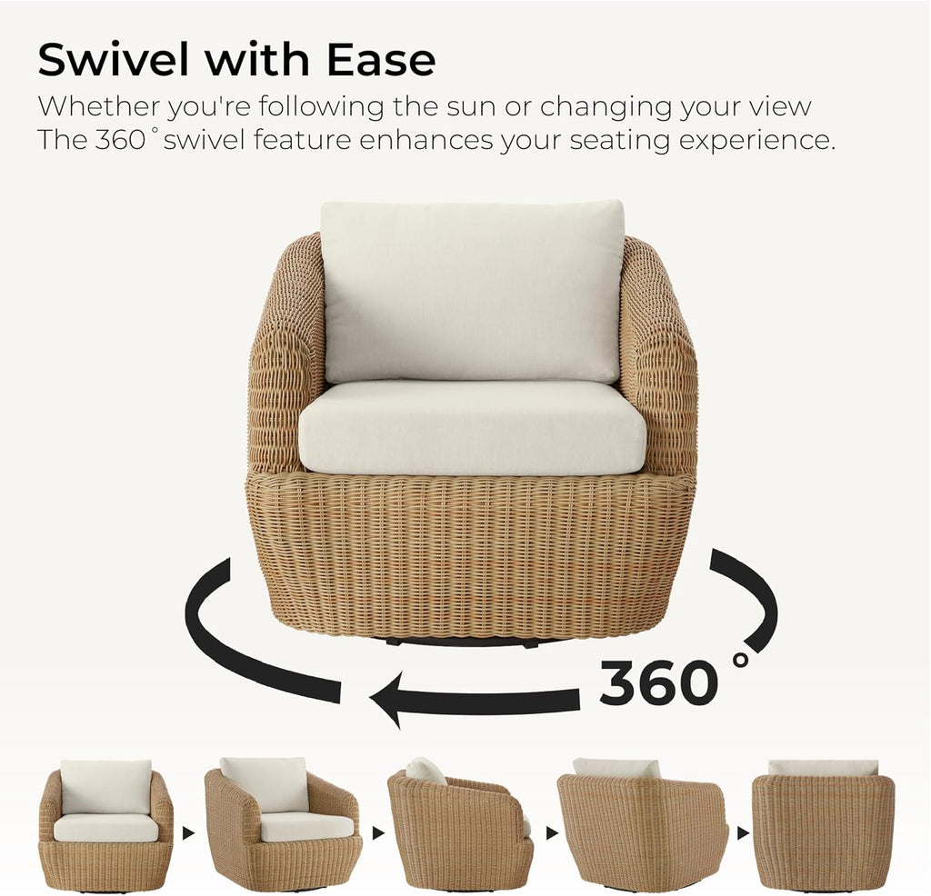 CHITA 2 Pieces Patio Wicker 360° Swivel Chairs with Removable Cushion, Backyard Rattan Chair for Sunrooms, Patios, Decks, Fully Assembled(Beige Cushions with Light Brown Wicker)