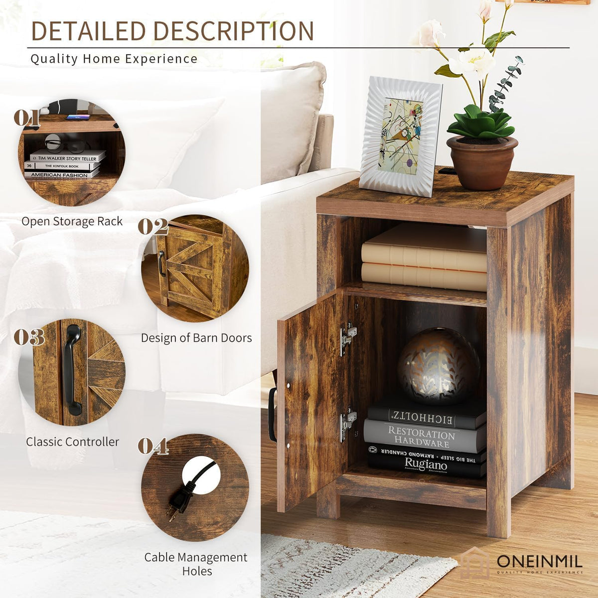 oneinmil Farmhouse Nightstand with Charging Station, Couch Side Table Set of 2, Bedside Table with Storage Space, End Tables with Barn Door, Bed Side Tables for Living Room and Bedroom, Rustic Brown