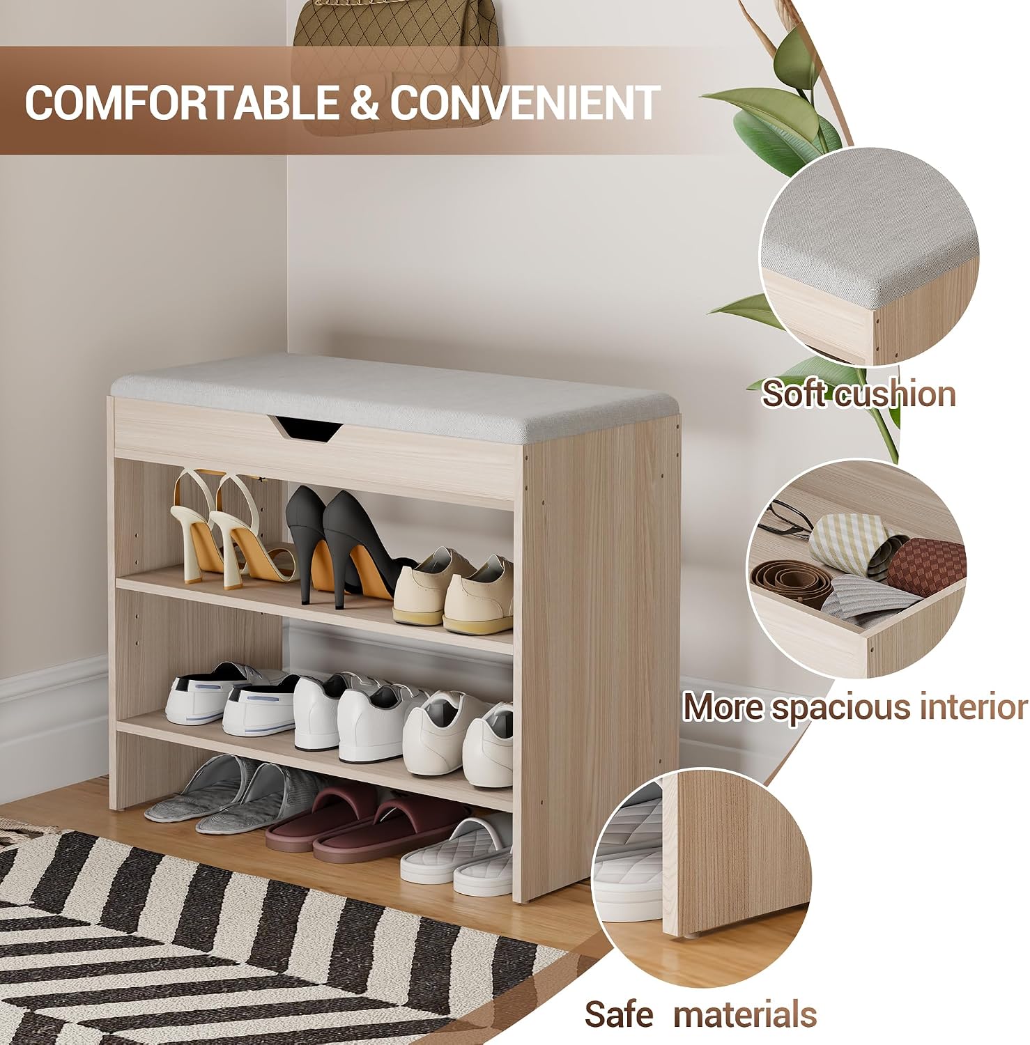 Shoe Bench with Cushion, 2 Tiers Shoe Bench with Flip-Top Storage, 23.6" Shoe Rack Organizer with Adjustable Shelves for Entryway, Hallway, Bedroom, Living Room (Natural Oak)