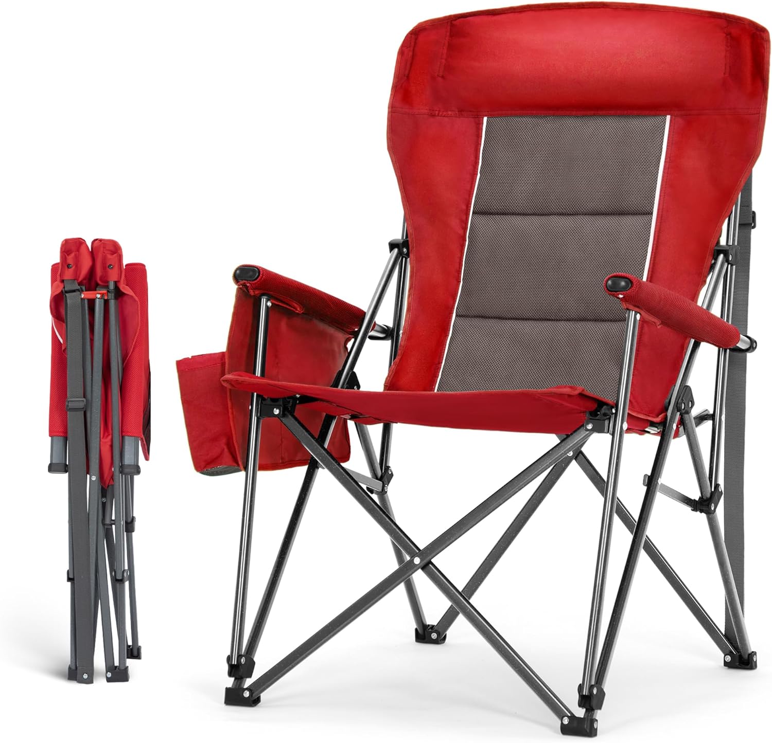 HIGH POINT SPORTS Oversized Folding Camping Chairs for Adults, High Backrest Heavy Duty Lawn Chairs Support 500 LBS Portable Collapsible Camp Chairs with Cup Holders,Side Pocket, Red