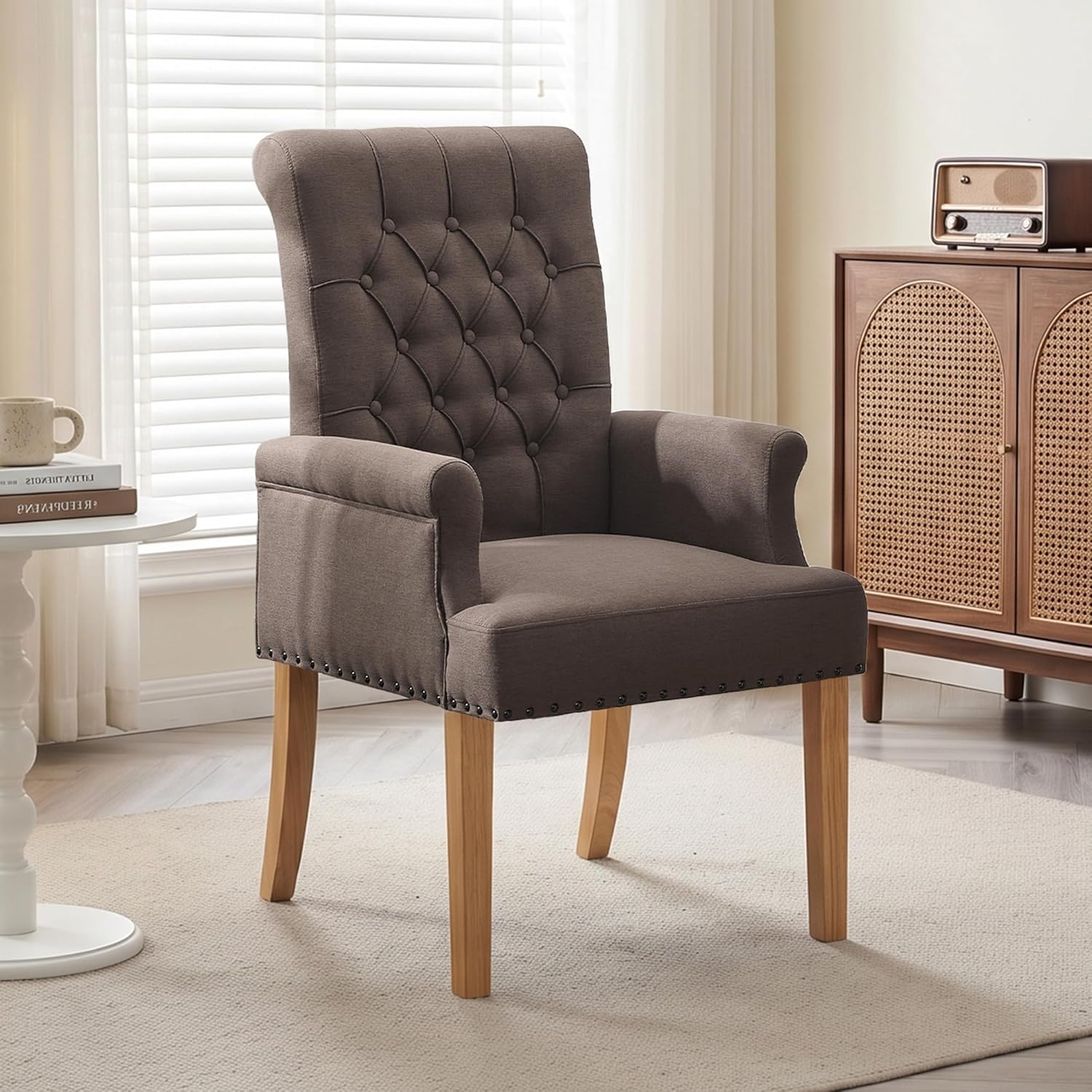Upholstered Dining Chairs, Modern Fabric Dining Room Chairs with Arms, Tufted High Back Armchair with Solid Wood Legs for Dining Living Room, Kitchen, Brown