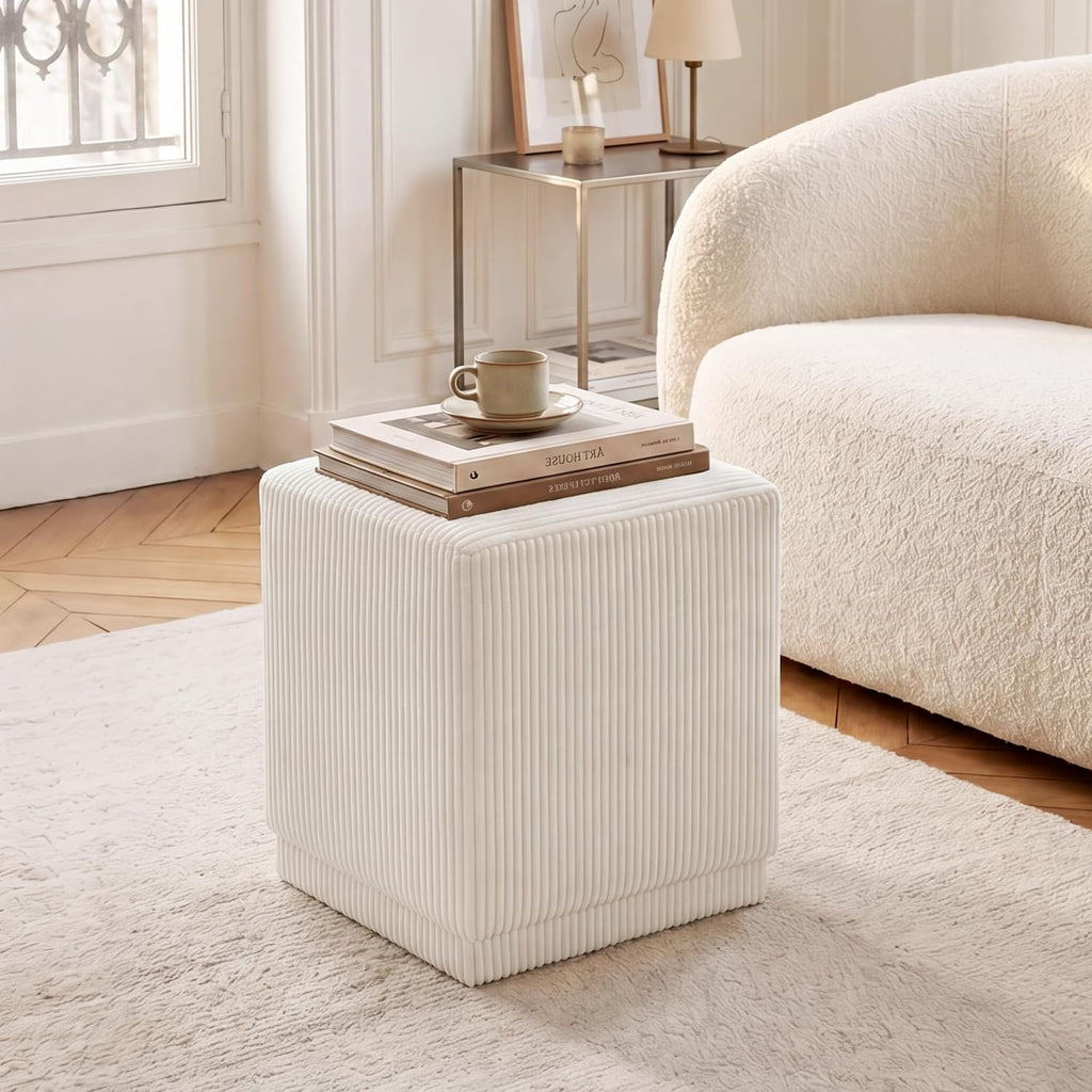 Homebeez Modern Square Ottoman, Vertical Channel Tufted Foot Stool Ottoman, Corduroy Velvet Upholstered Vanity Stool for Makeup, Bedroom, Living Room, Cream White