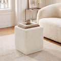 Homebeez Modern Square Ottoman, Vertical Channel Tufted Foot Stool Ottoman, Corduroy Velvet Upholstered Vanity Stool for Makeup, Bedroom, Living Room, Cream White