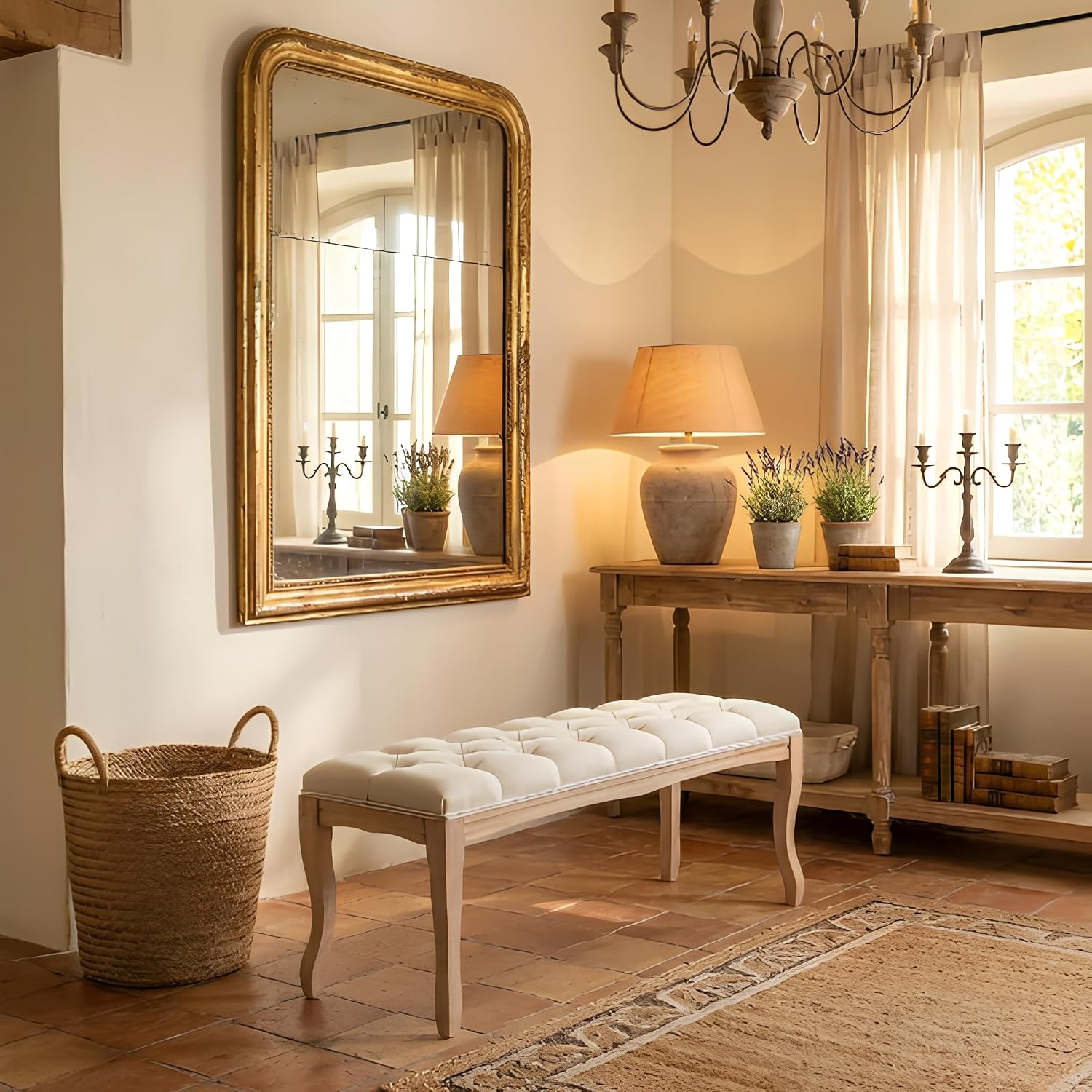 GDFStudio 43.3" French Country Bedroom Bench, Tufted Upholstered End of Bed Bench with Carved Rubber Wood Legs, Vintage Linen Entryway Bench Seat for Living Room, Foyer, Dining Room, Beige