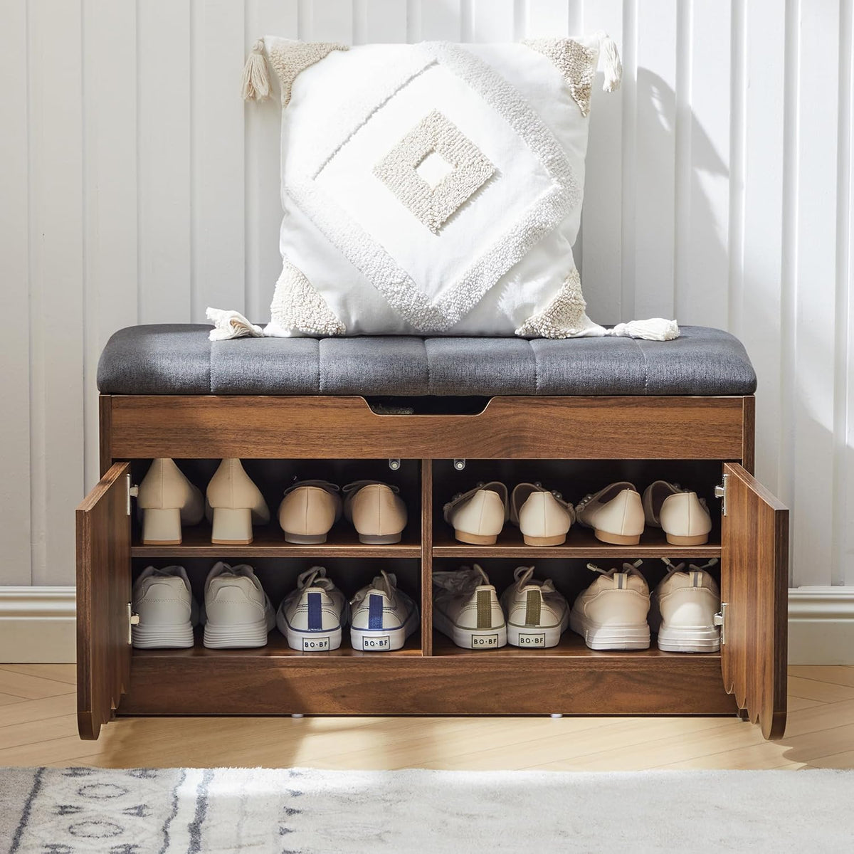 ORRD Shoe Storage Bench with Cushion, Entryway Shoe Cabinet Bench with 2 Scalloped Doors & Adjustable Shelf, 2-Tier Shoe Rack Organizer Cabine for Entryway, Hallway, Living Room (Walnut)