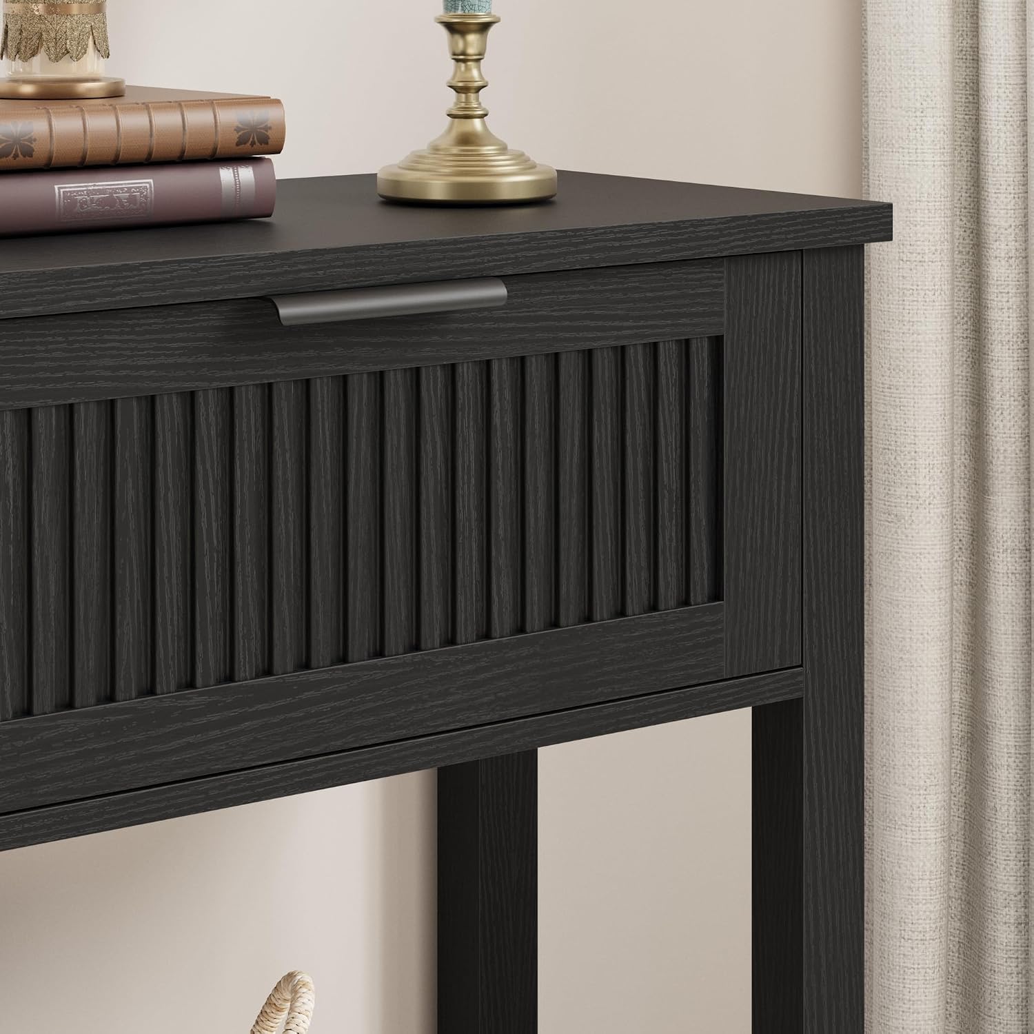 GAOMON Farmhouse Entryway Table with 2 Drawers, 43 Inch Wood Fluted Console Table with Shelf, 2 Tier Sofa Table with Storage for Living Room, Foyer Tables for Entryway-Black