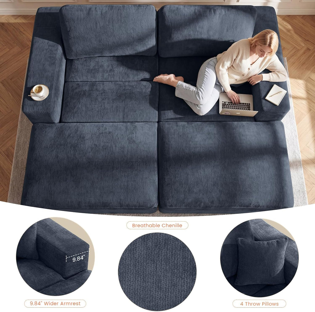 Oversized Double Chaise Lounge Chair, Cloud Sofa Bed, Blue | 59" Deep Seat Couch, Modular Oversized Loveseat, Soft Cloud Sofa, 4 Pillows, 10" Wider Armrests, Chaise Lounge Chair Indoor