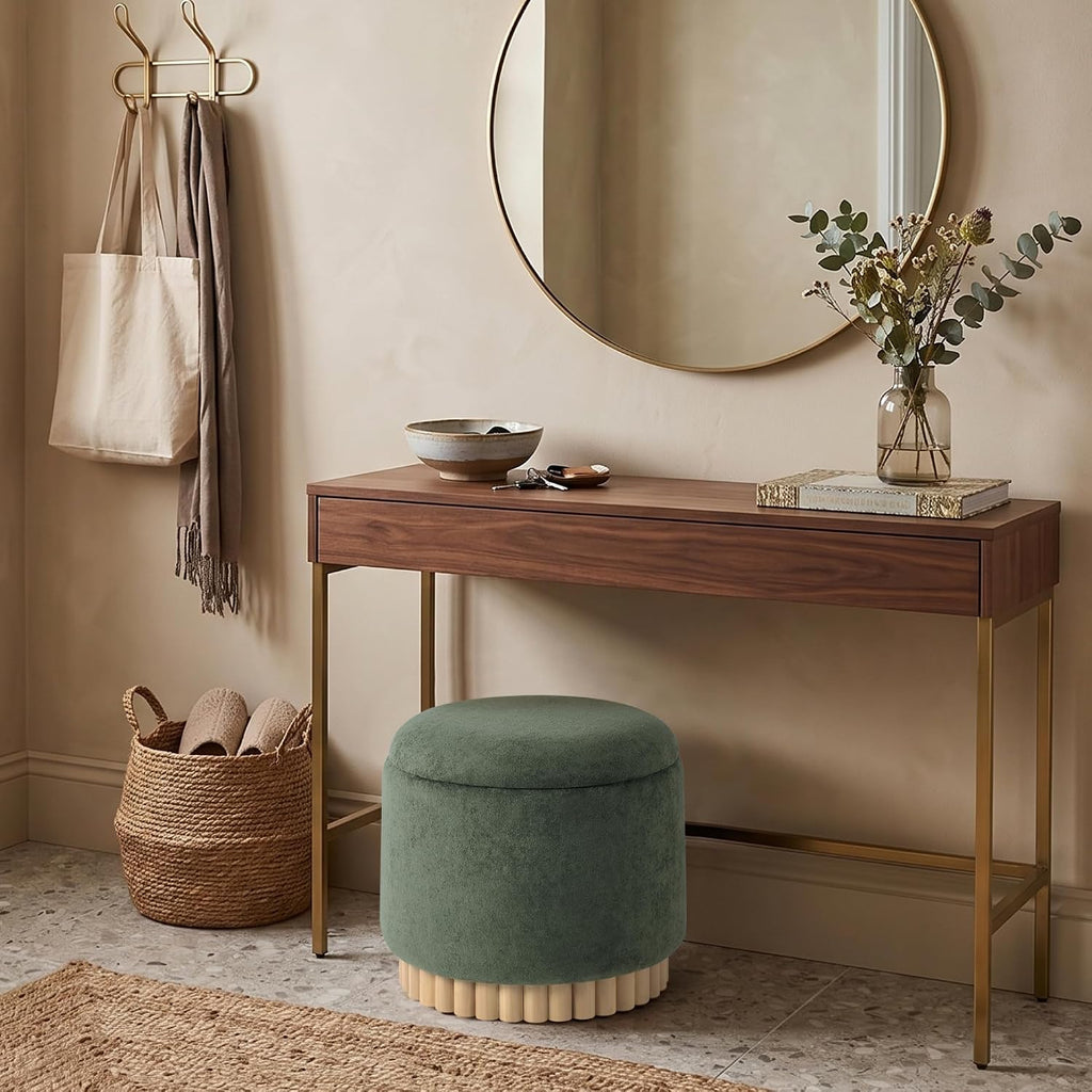 Get Set Style Round Ottoman with Wooden Base, Storage Vanity Stool for Makeup, Upholstered Footrest Stool Ottoman Foot Stool for Living Room, Bedroom