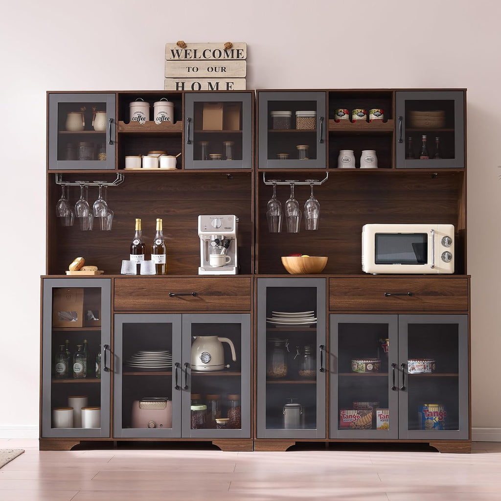 Fatmok 71" Tall Pantry Cabinet with Glass Doors, Kitchen Hutch Storage Cabinet, Coffee Bar & Liquor Cabinet with Charging Station & LED Lights, Wine Rack, Adjustable Shelves＆Large Drawer, Brown