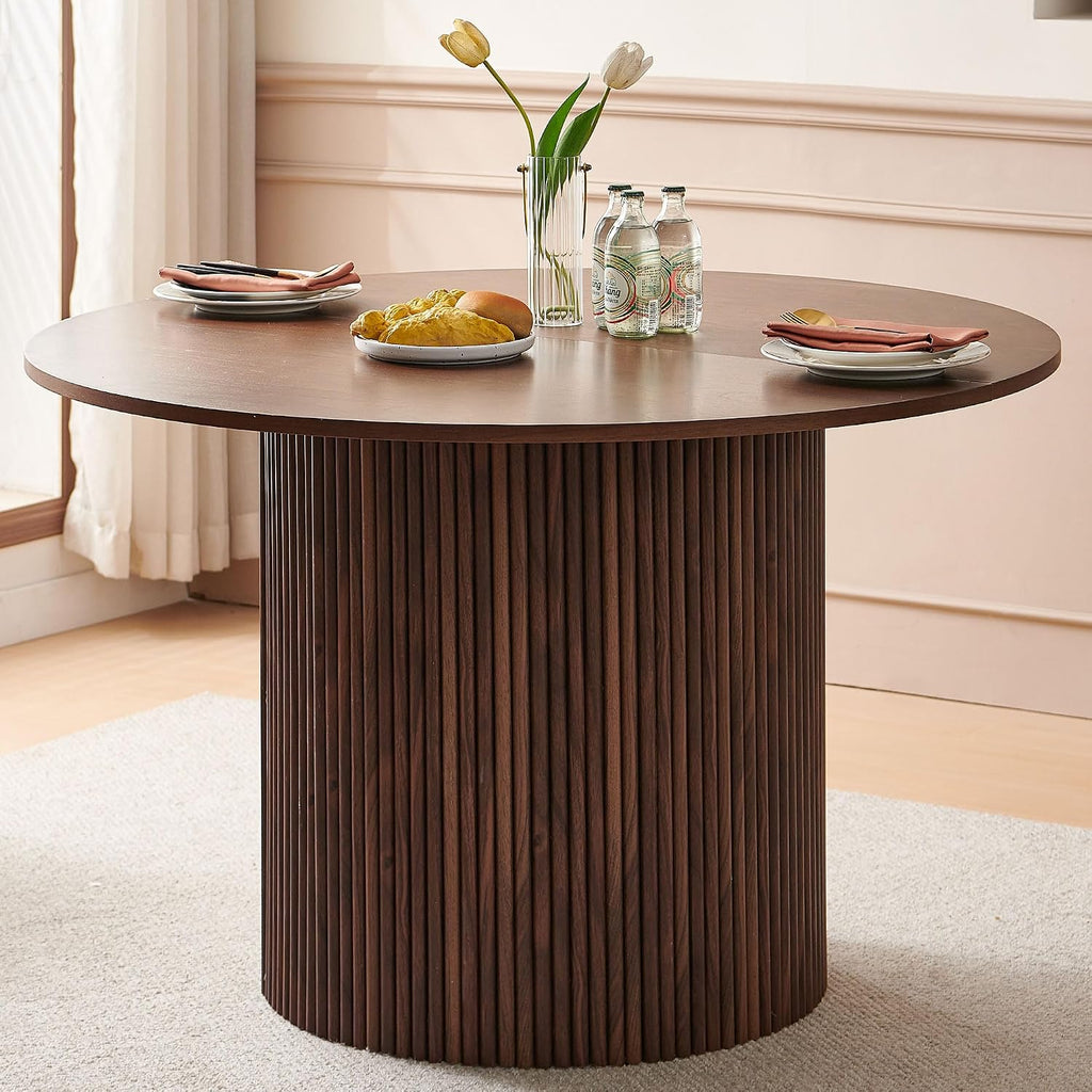 Homedot 47" Round Kitchen Dining Table Walnut for 4 with Veneer Tabletop | Farmhouse Dinner Table Fluted| Two-Part Tabletop| Rustic Circle Dining Table with Wooden Strip Base for Dining Living Room