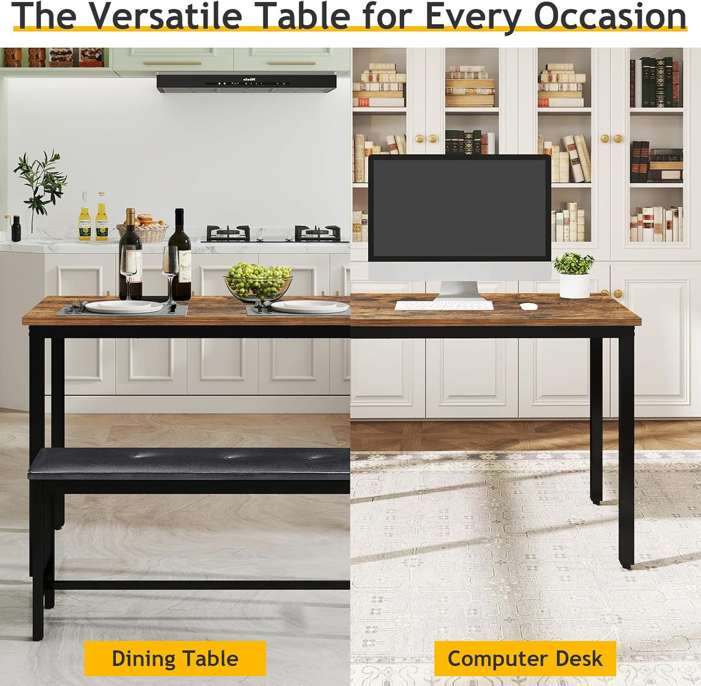Rovibek Dining Room Table Bench Set for 4, Modern Space Saving Kitchen Table with with 2 Upholstered Benches & Adjustable Feet, Wooden Breakfast Table, 43", Brown
