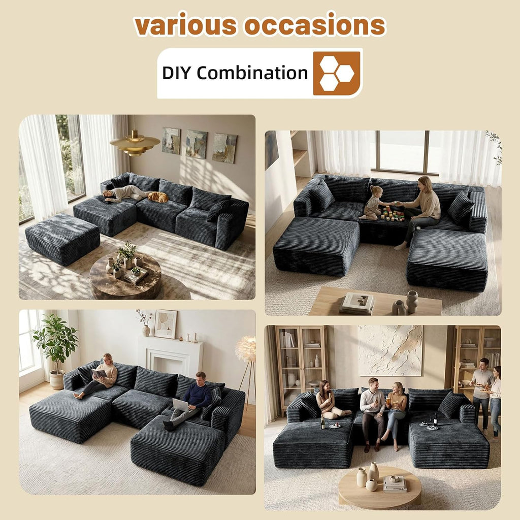 110 Modular Sectional Sofa with 2 Ottomans, Corduroy U-Shaped Modular Sectional Sofa, Convertible Cloud Couch with Deep Seats, No Assembly Required (Grey, 110" 3Seat+2 0ttoman)
