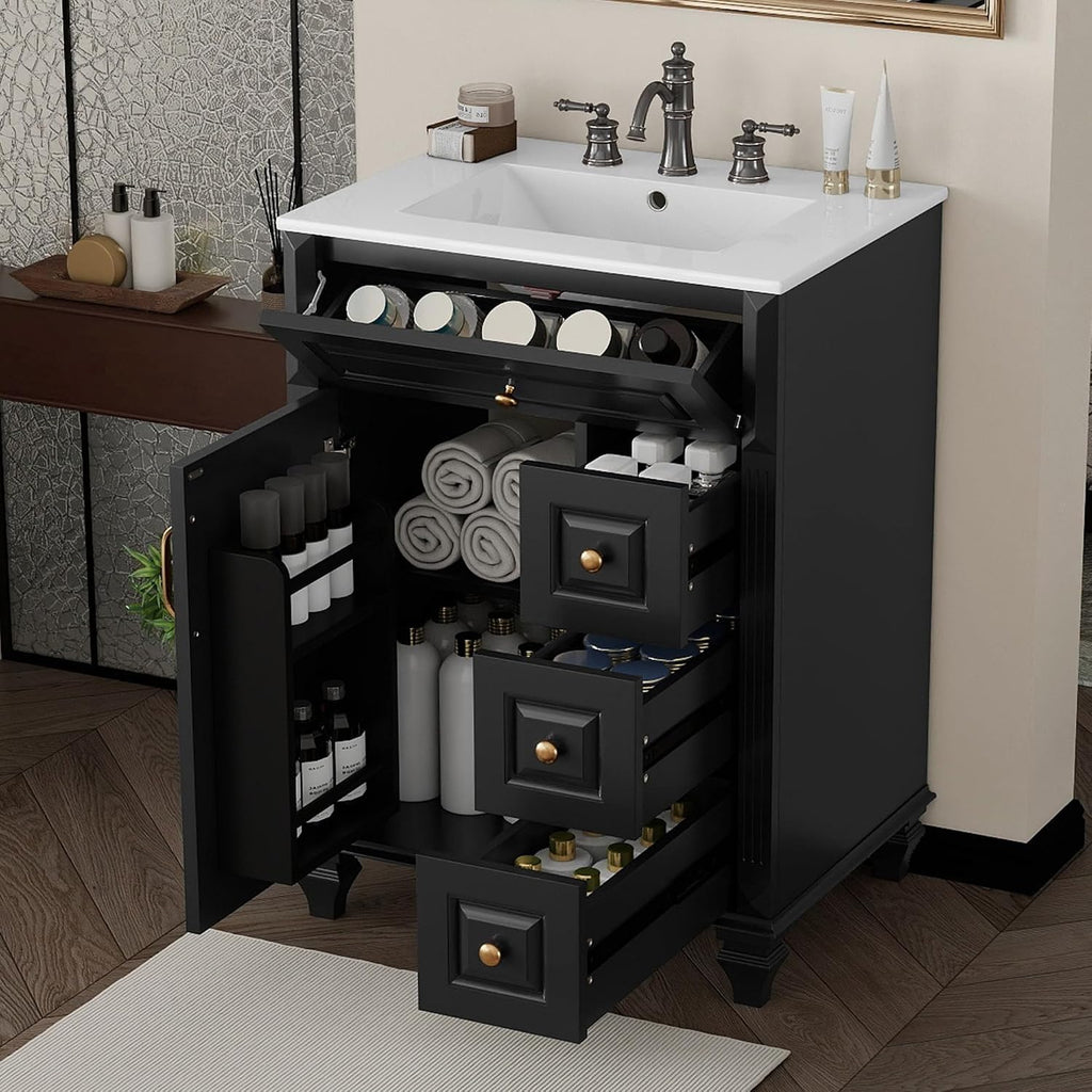JIVOIT 24 Inch Bathroom Vanity with Ceramic Sink Top, Solid Wood & MDF Vanity Cabinet with Flip-Out Drawer, 3 Drawers & Storage Cabinet, Adjustable Shelf, Door-Mounted Storage Rack (Black-33)