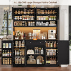 HIFIT 72.8” LED Kitchen Pantry Cabinet with Charging Station, 55” Wide Farmhouse Pantry Cabinet with Microwave Stand&Shelves&Swing-Out Door, Kitchen Hutch Coffee Bar for Living Room, Black