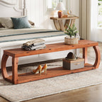 2-Tier Solid Wood Entryway Bench, 59" Long Farmhouse End of Bed Bench with Open Shelves, Rustic Shoe Storage Wooden Seating for Entry, Kitchen, Living Room, Bedroom, Hallway (Rustic Brown)