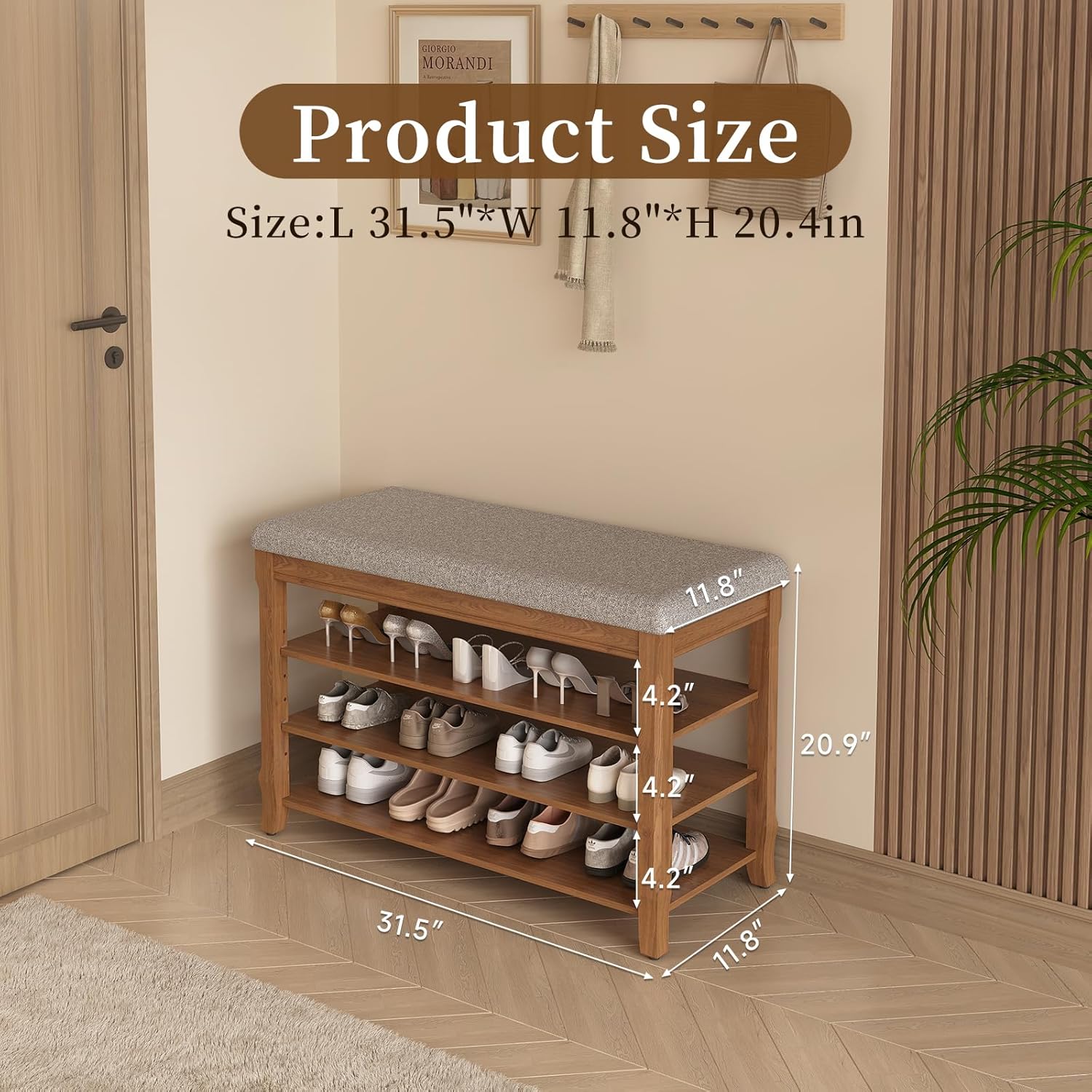 Solid Wood Shoe Bench with Storage, Flip-Top Soft-Close Lid, Adjustable Shelves, Cushioned Entryway Shoe Rack Organizer, 31.5”