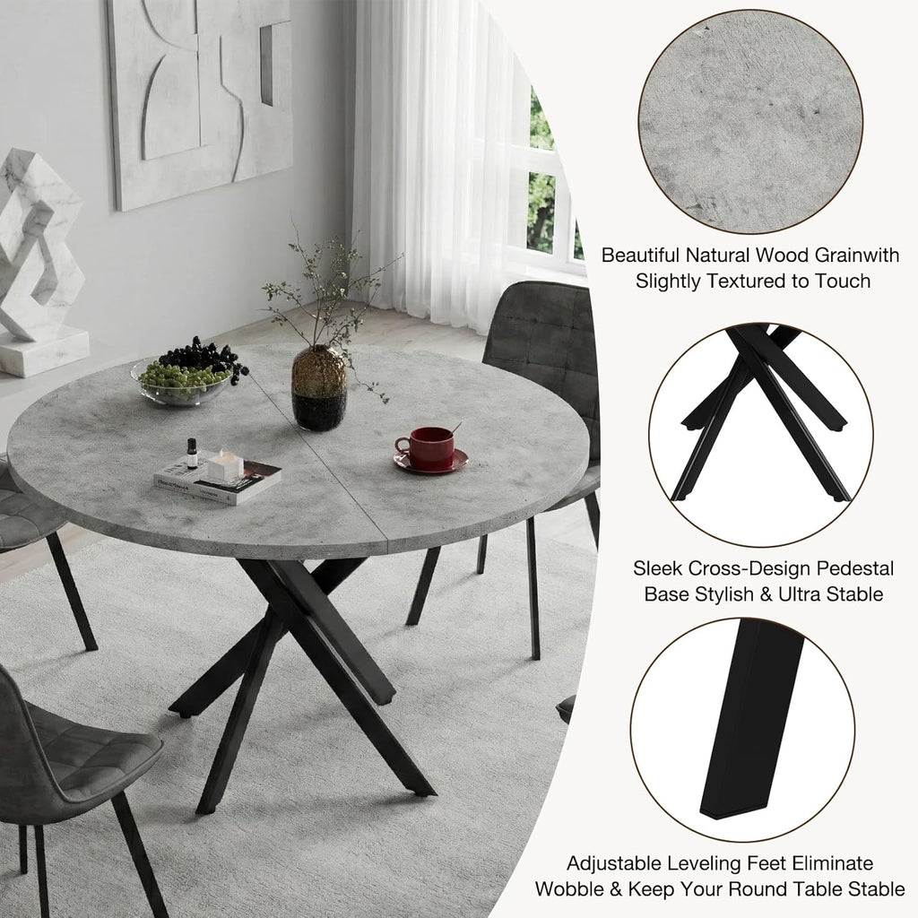 EROMMY Round Dining Table Set for 4, Modern Kitchen Table and Chairs with X-Shaped Table Legs & U-Shaped Thick Cushion, Wooden Dining Room Set for Dining Room Kitchen (Gray Table + 4 Gray Chairs)
