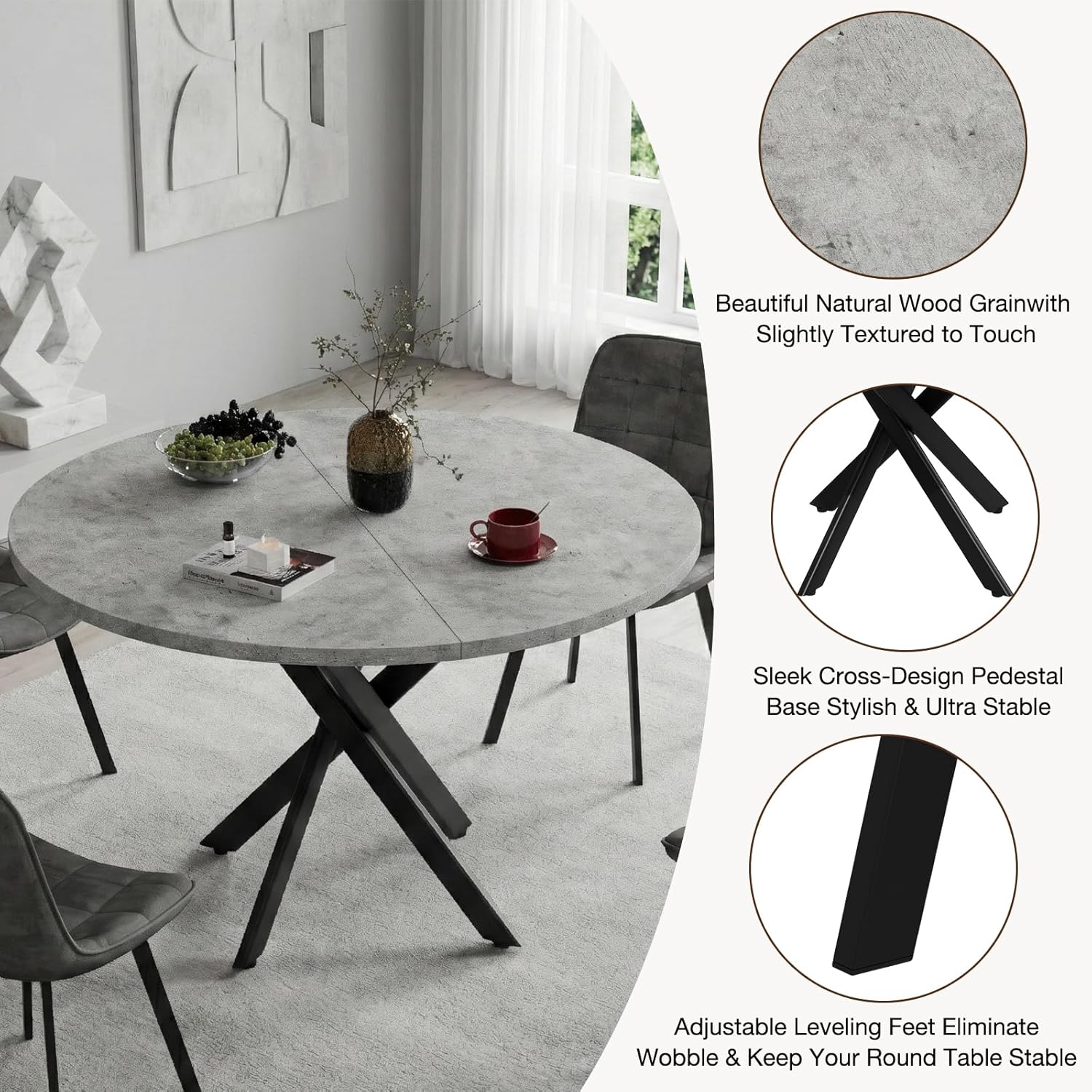 EROMMY Round Dining Table Set for 4, Modern Kitchen Table and Chairs with X-Shaped Table Legs & U-Shaped Thick Cushion, Wooden Dining Room Set for Dining Room Kitchen (Gray Table + 4 Gray Chairs)