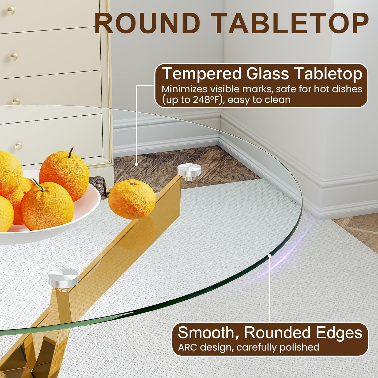 Zevemomo 35.5" Glass Dining Table for 4, Round Coffee Table with Tempered Glass Top Gold Mental Legs, Modern Circle Glass Dinner Kitchen Table for Apartment Home Office