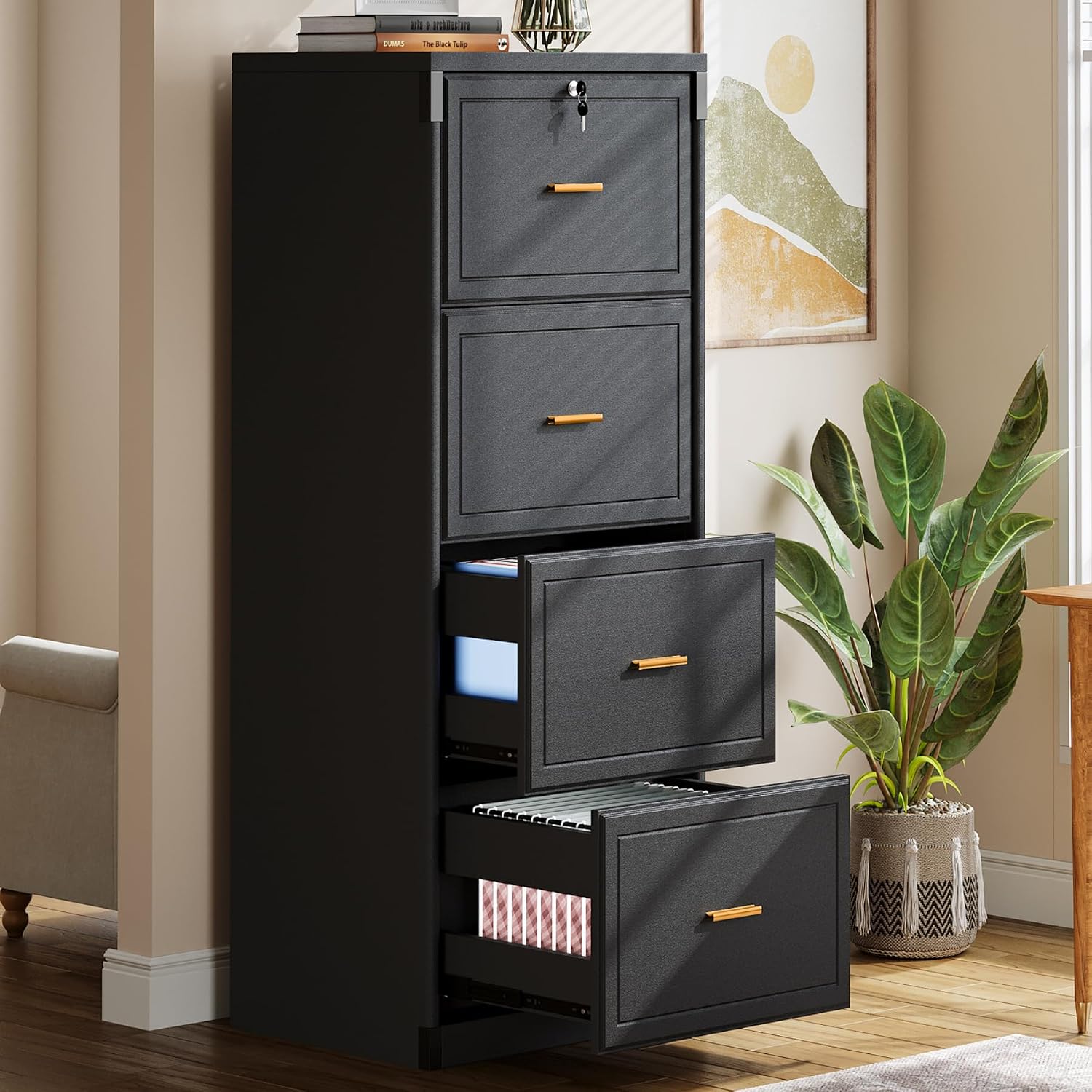 Tribesigns 4 Drawer File Cabinet with Lock, Filing Cabinets for Home Office | Vertical Wooden File Cabinet with Key, Modern Style, Tall Office Storage Cabinet for Legal Size/Letter/A4/Files, Black