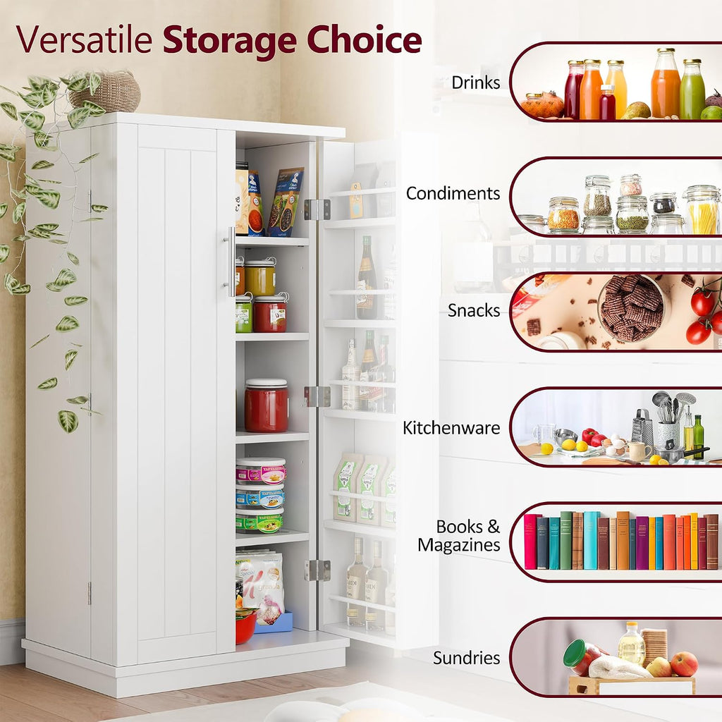 SUNLEI 47" Kitchen Pantry Storage Cabinet, Modern Freestanding Pantry Storage Cabinet with Adjustable Shelves, Buffet Cupboards Storage for Kitchen, Dining Room, White