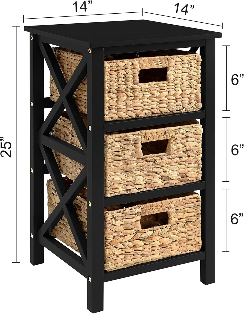eHemco 3 Tier X-Side End Table with Wicker Baskets for Bedside, Living Room, Black