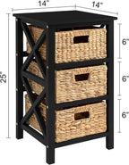 eHemco 3 Tier X-Side End Table with Wicker Baskets for Bedside, Living Room, Black