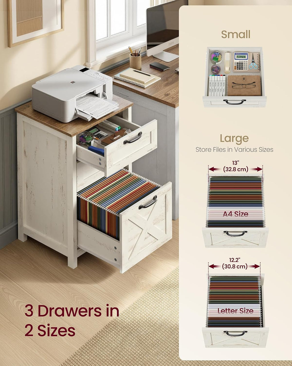 VASAGLE File Cabinet, 3-Drawer Filing Cabinet for Home Office | Modern Farmhouse, for A4 Letter Files, Printer Stand, Study Bedroom, Rustic White and Honey Brown UOFC087WJ02S