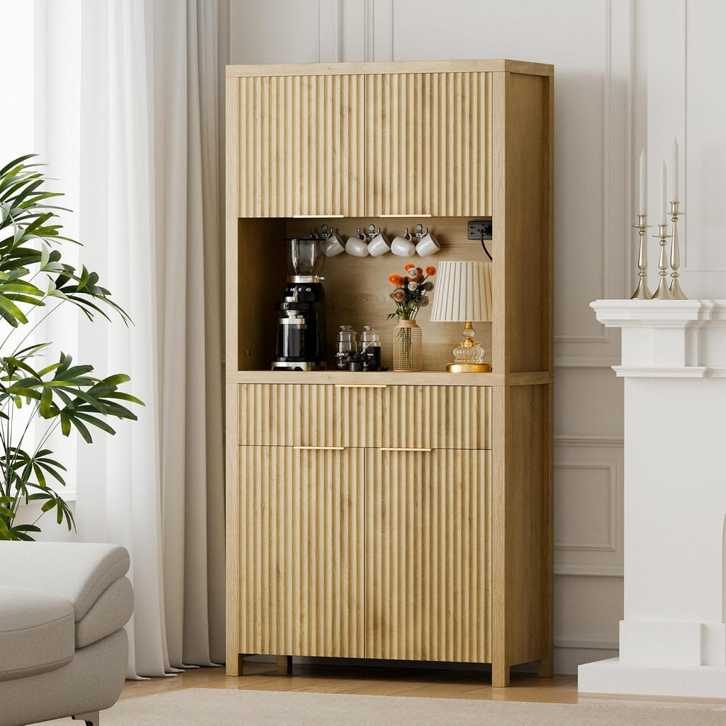 Lulive 71" Fluted Pantry Cabinet with Charging Station, Natrual | Adjustable Shelves, Open Countertop, Drawer, Spacious Kitchen Storage