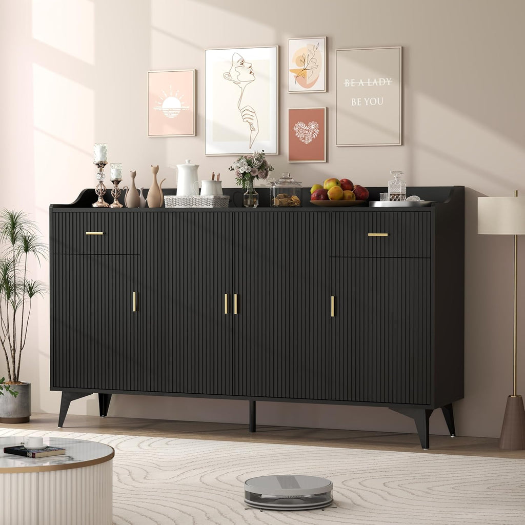 Sideboard Buffet Cabinet with Drawers: 63" Black Fluted Sideboard Cabinet with Storage, Modern Kitchen Cabinets Storage, Credenzas for Living Room(63")