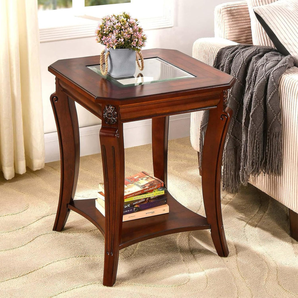 Square High End Side Table with Tempered Glass Top, Farmhouse Sofa Beside Table with Storage Shelf, Living Room Corner Tables with Wood Carved legs, 23.8”H Telephone Tabless, Cherry Brown CJZ-A1168-GT