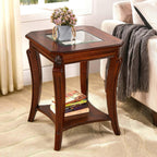 Square High End Side Table with Tempered Glass Top, Farmhouse Sofa Beside Table with Storage Shelf, Living Room Corner Tables with Wood Carved legs, 23.8”H Telephone Tabless, Cherry Brown CJZ-A1168-GT