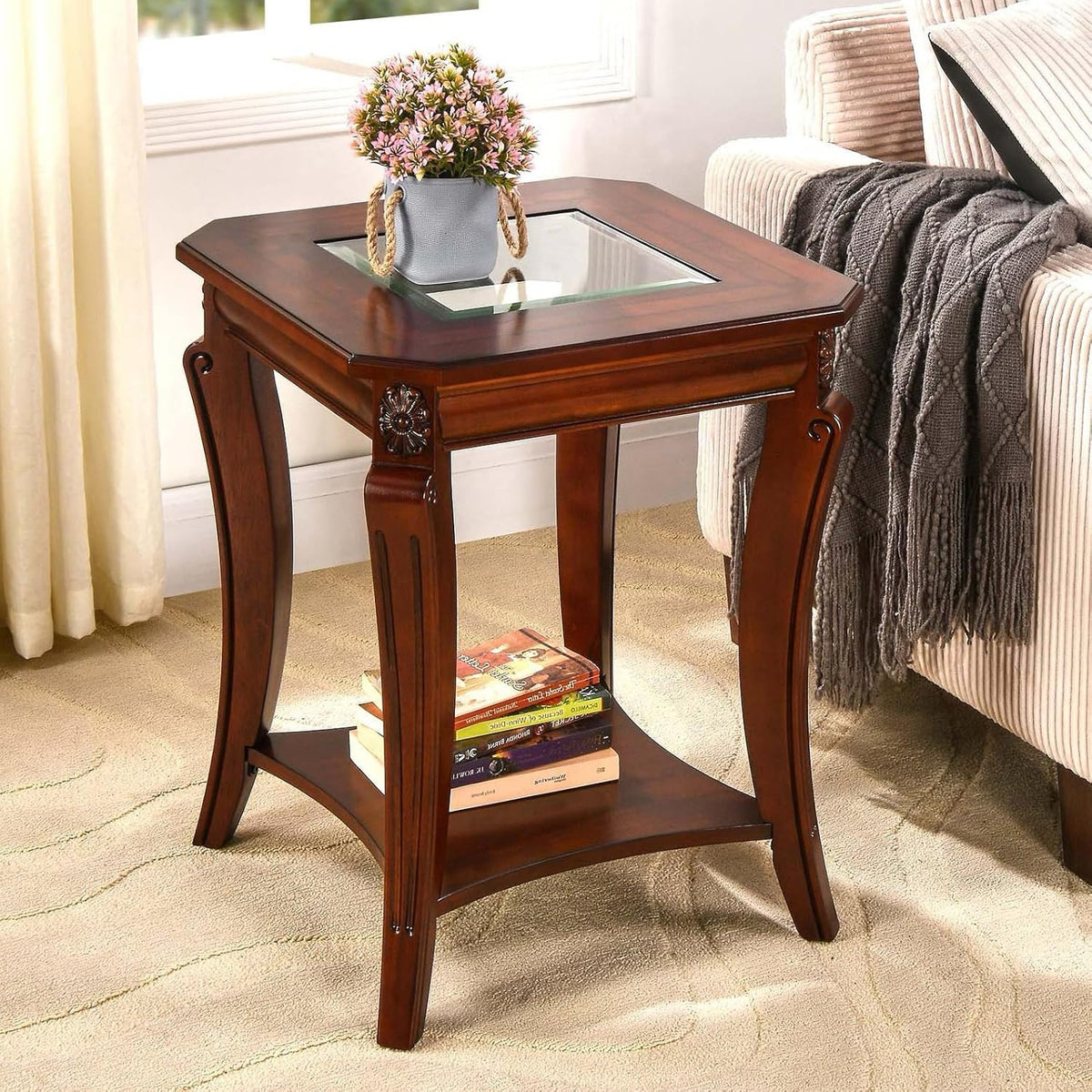 Square High End Side Table with Tempered Glass Top, Farmhouse Sofa Beside Table with Storage Shelf, Living Room Corner Tables with Wood Carved legs, 23.8”H Telephone Tabless, Cherry Brown CJZ-A1168-GT