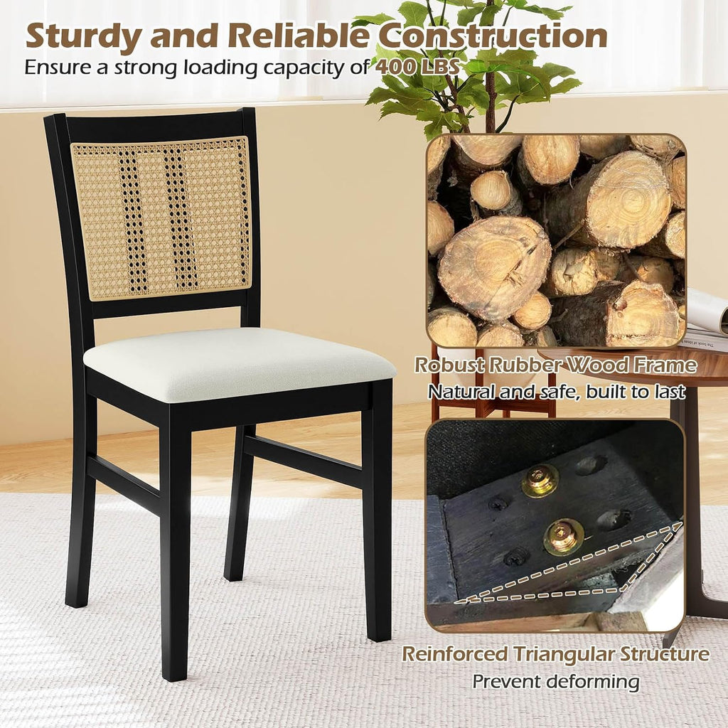 Giantex Rattan Dining Chairs Set of 2, Farmhouse Fabric Upholstered Kitchen Chairs with Rubber Wood Legs, Padded Seat, Cane Back, Country Armless Side Chair for Dining Living Room Restaurant