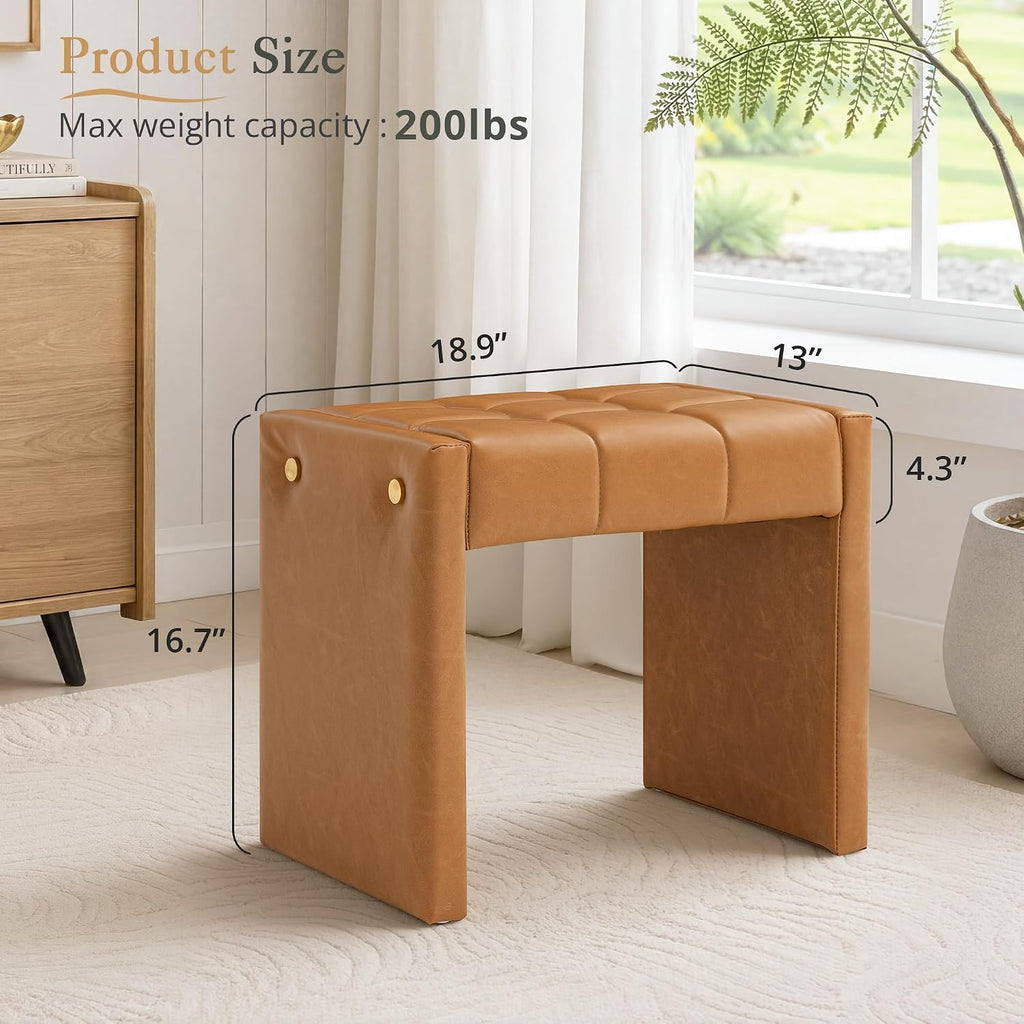 LUE BONA Modern Grid Tufted Vanity Bench Stool, 4.33'' Thick Chenille Upholstered Ottoman Footstool for Makeup Room, Bedroom & Living Room, 200lbs Capacity, Brown