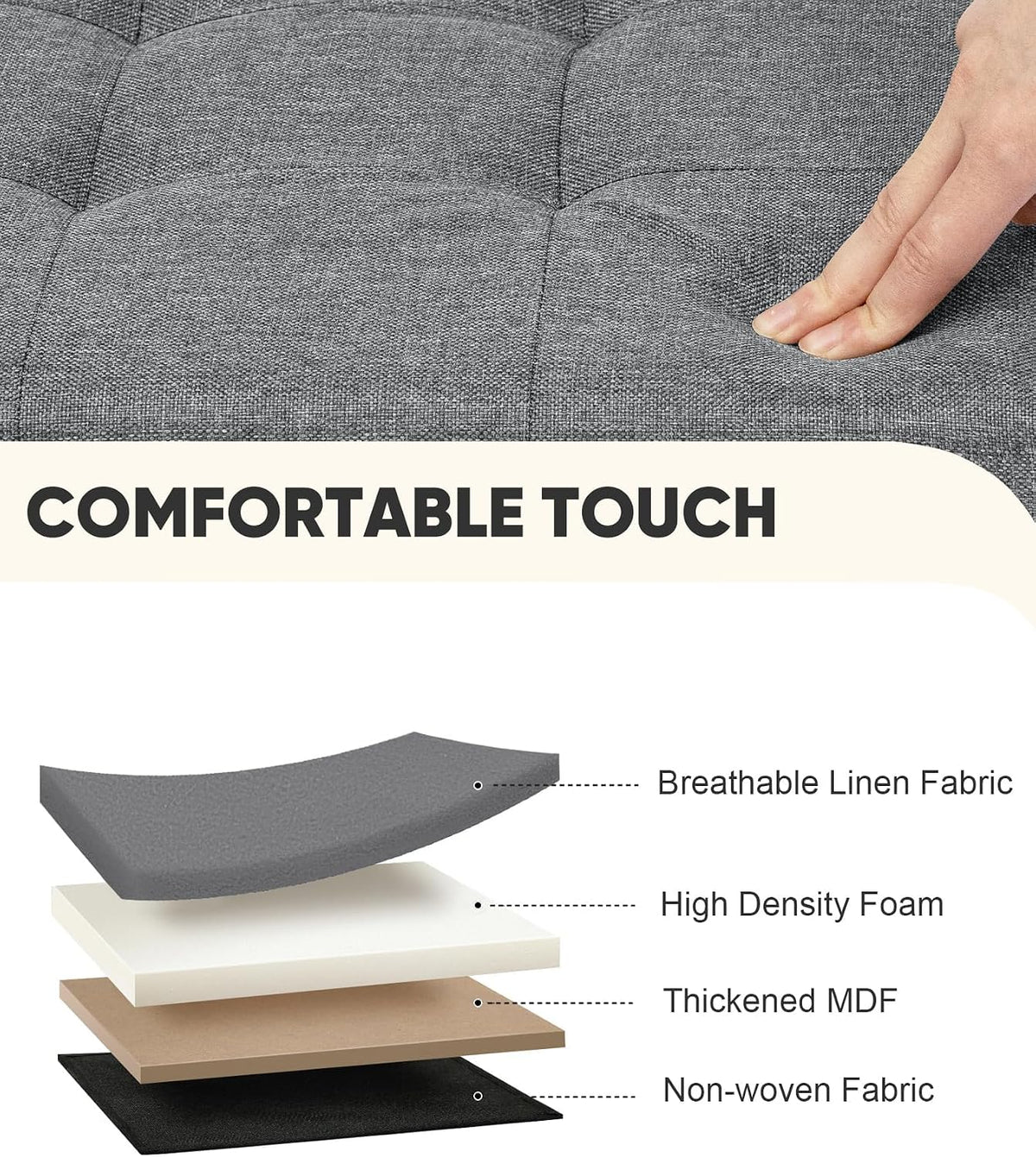 PINPLUS Button Tufted Folding Linen Storage Ottoman 16.5", 36L Collapsible Storage Cube with Lid, Supports 250 lbs, Fabric Foot Rest Ottoman for Living Room, Bedroom, Entryway,Grey