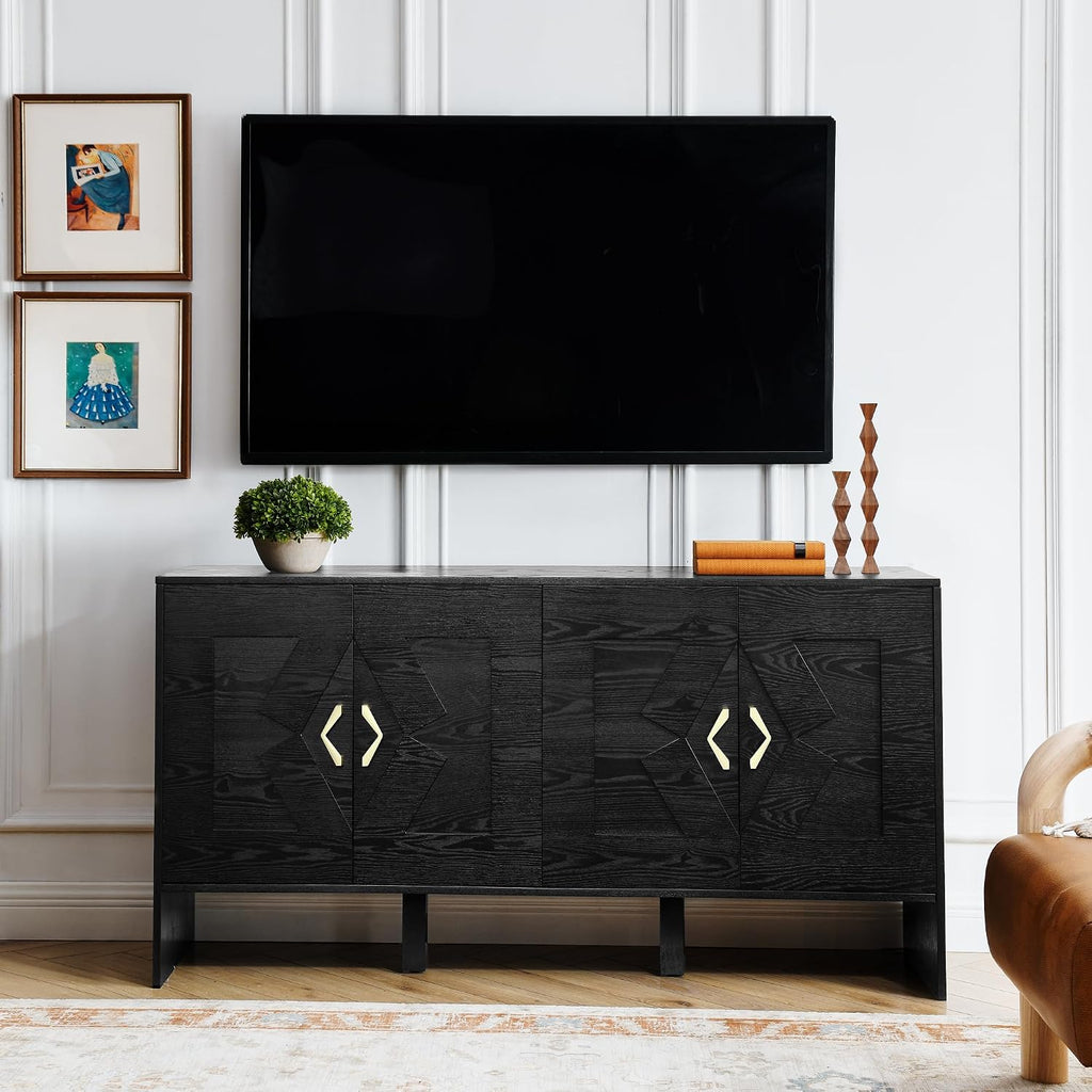 LKTART 60" Black Sideboard Buffet Cabinet,Modern Accent Credenza Storage Cabinet with 4 Doors,Media Console Table for Living Room Entryway