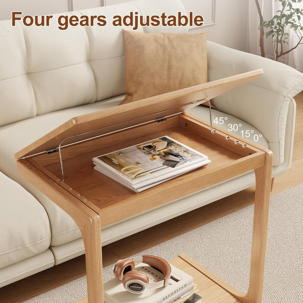AQIMUELE Wooden C-Shaped End Table,Couch Table with Adjustable Desktop,Small Rolling Side Table with 2 Lockable Wheels 23.6" Width,Small End Table for Couch, Living Room,Bedroom (Natural)