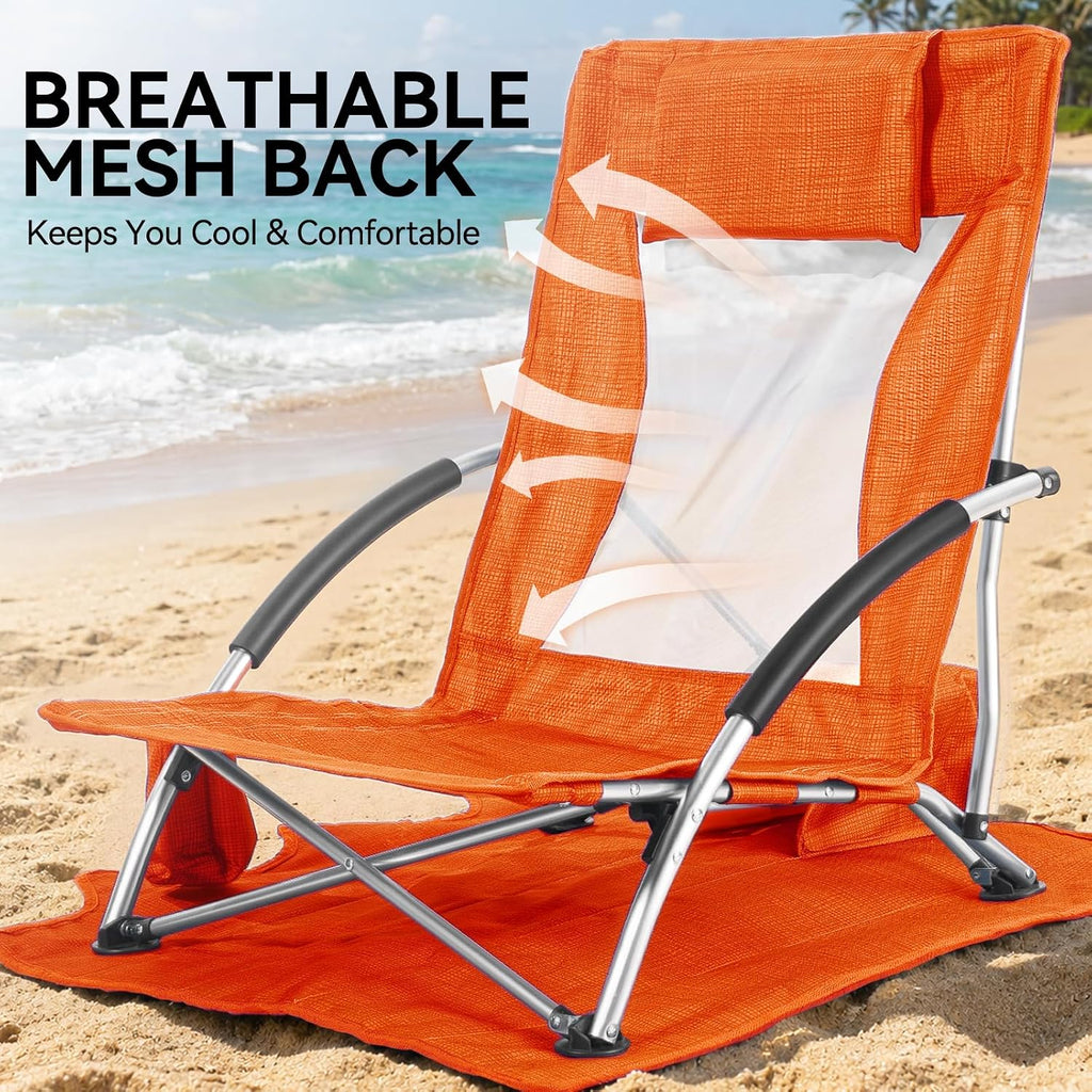Huskfirm Low Beach Chairs 2 Pack, Aluminum Folding Beach Chair for Adults, Lightweight Backpack Beach Chairs with Cup Holder & Carry Bag, Heavy Duty Beach Chair Set for Beach, Camping, Concert, Orange