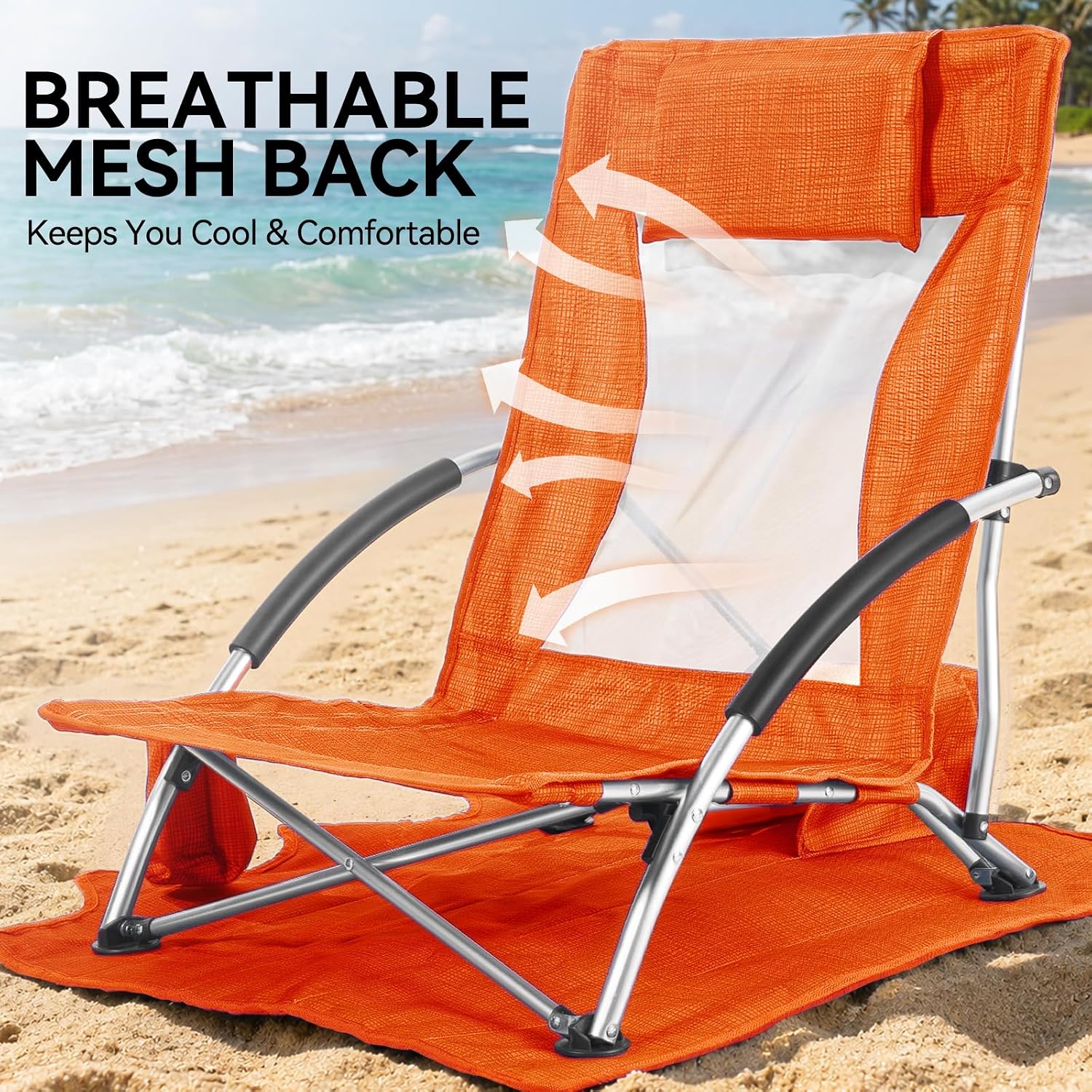 Huskfirm Low Beach Chairs 2 Pack, Aluminum Folding Beach Chair for Adults, Lightweight Backpack Beach Chairs with Cup Holder & Carry Bag, Heavy Duty Beach Chair Set for Beach, Camping, Concert, Orange
