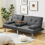 Yaheetech Convertible Futon Sofa Bed Loveseat with Cup Holder, Gray | 3 Angles Sofa, Recliner Chair, Bed, Compact Faux Leather Love Seat for Living Room, Guest Room, Dorm, Small Apartment