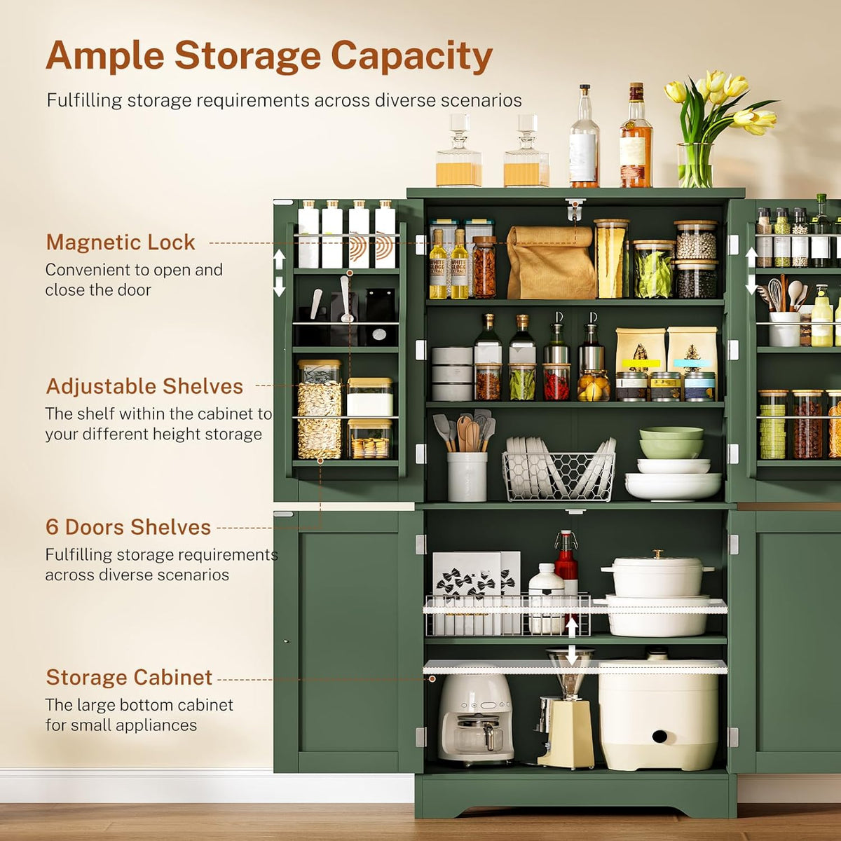 TEENFON 51" H Pantry Cabinet with 4 Doors, Kitchen Cabinet with 6 Door Shelves, Kitchen Pantry for Living Room, Dining Room, Bathroom, Green