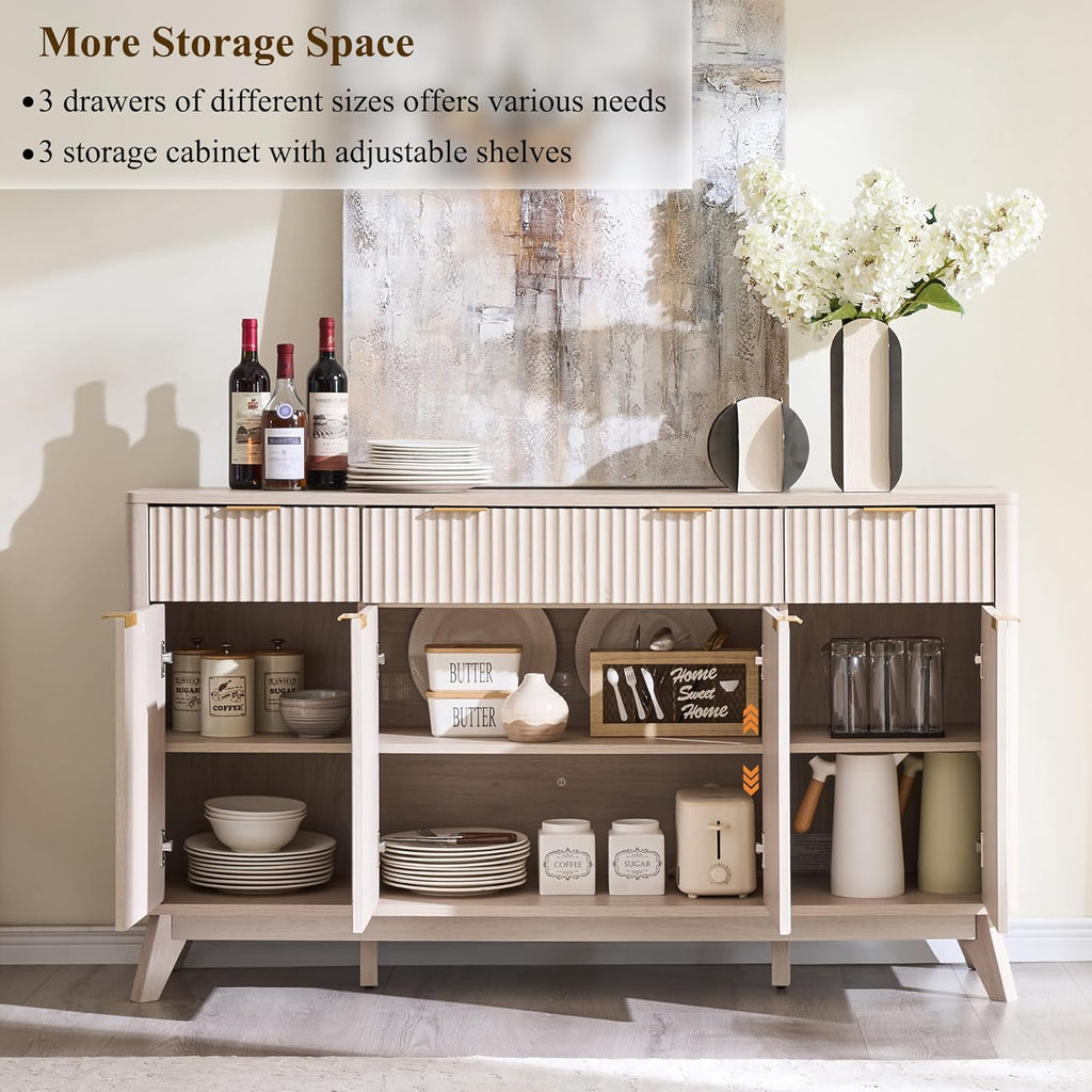 T4TREAM Large Buffet Sideboard Cabinet with Storages, 60" Fluted Modern Buffet Table Coffee Bar Wine Bar Storage Cabinet with 3 Drawers & 4 Doors for Dining Room, Living Room, Hallway(White Alder)
