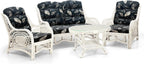 Malibu Lounge Loveseat Sofa Natural Rattan Wicker Handmade Design, White Color with Black Leaf Cushions