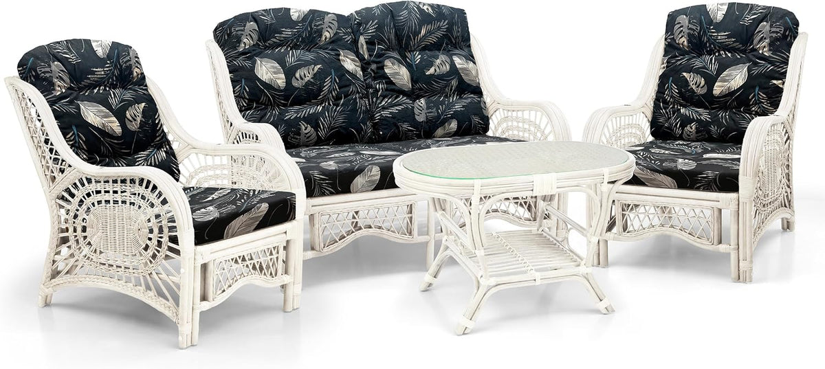Malibu Lounge Loveseat Sofa Natural Rattan Wicker Handmade Design, White Color with Black Leaf Cushions