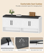 Farmhouse Storage Bench, Entryway Bench with Adjustable Shelves | 47.2" Shoe Storage Bench with Cushion, Hidden Shoe Cabinet Storage for Entryway, Hallway, Living Room, Bedroom, White