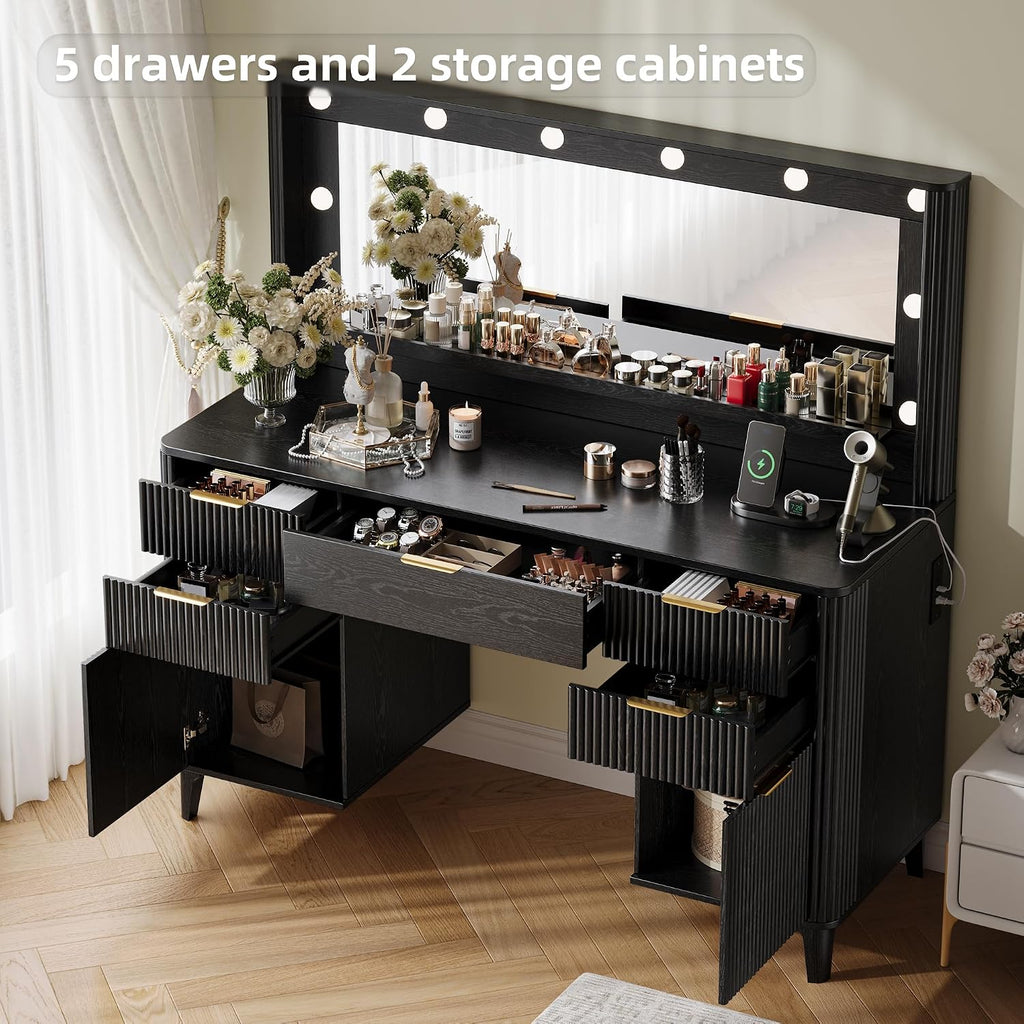 Fluted Makeup Vanity Desk with Large 39.3" Mirror and Lights, 48.8" Wood Vanity, Large Vanity Dressing Table, Modern Wooden Vanity Table for Women and Girls, Bedroom or Dorm (Inky Black)
