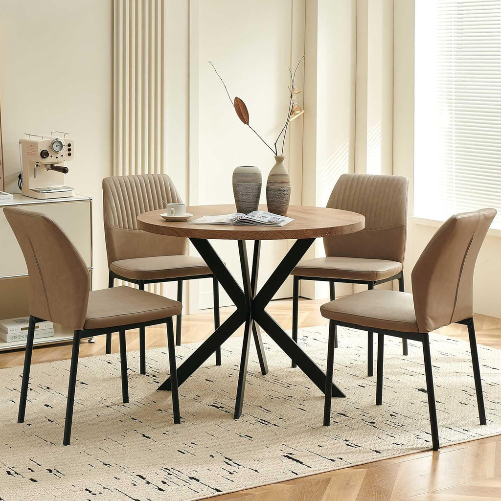 37" Round Dining Table Set for 4, Mid Century Modern Small Coffee Set for Dining Room Kitchen Apartment (Walnut Table + 4 PU Leather Beige Chairs)